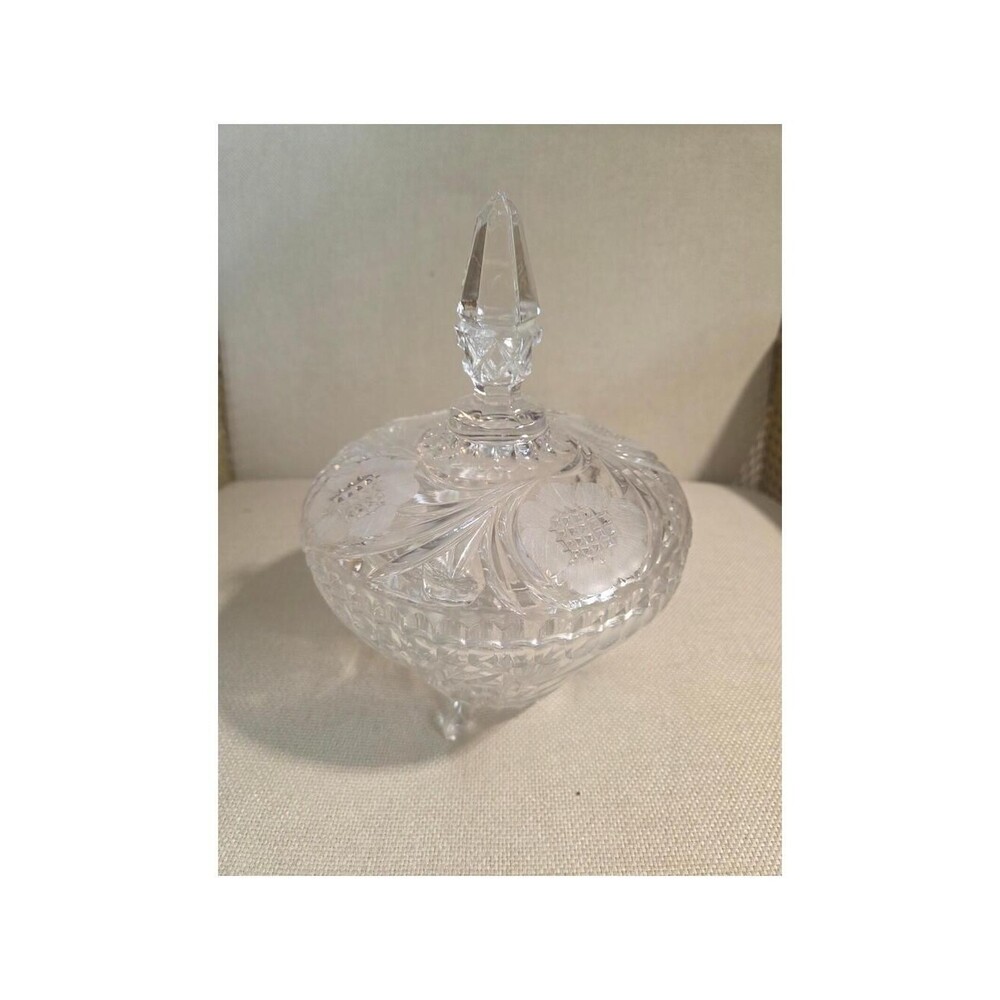 Vintage European Cut Crystal 3 Footed Candy Dish Frosted Rose AS IS Finial Chip